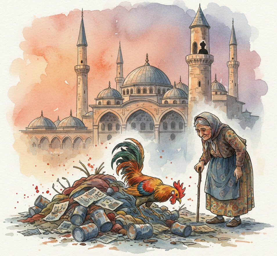 A kiskakas a szemétdombon kapirgál