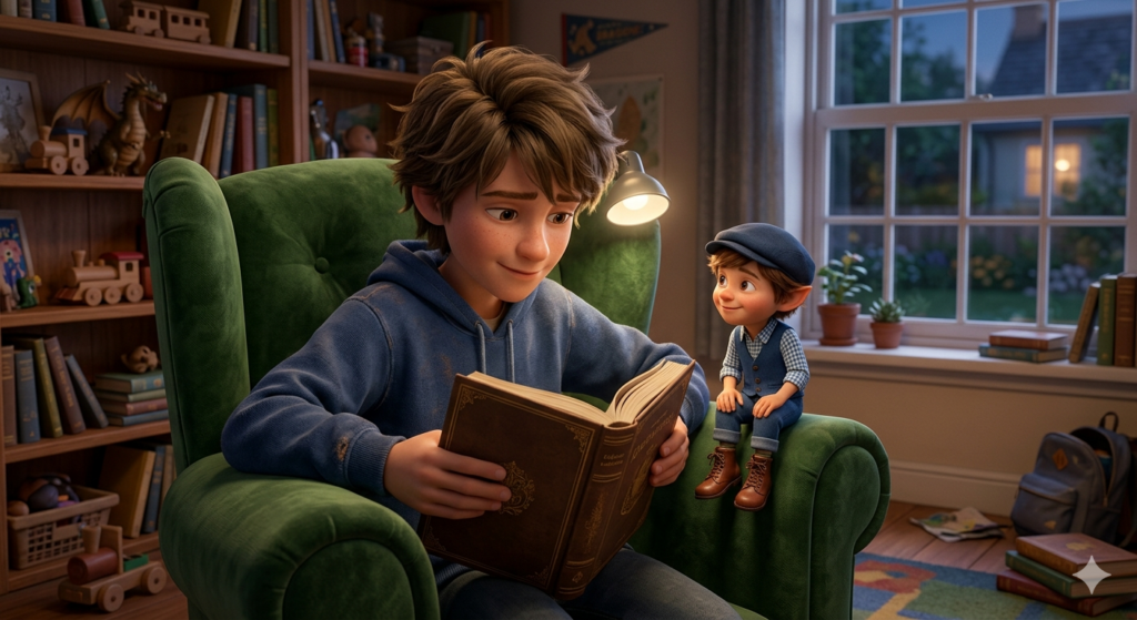 Egy fiú könyvet olvas egy fotelben. A fotel karfáján ül Momó manó és őt halgatja.