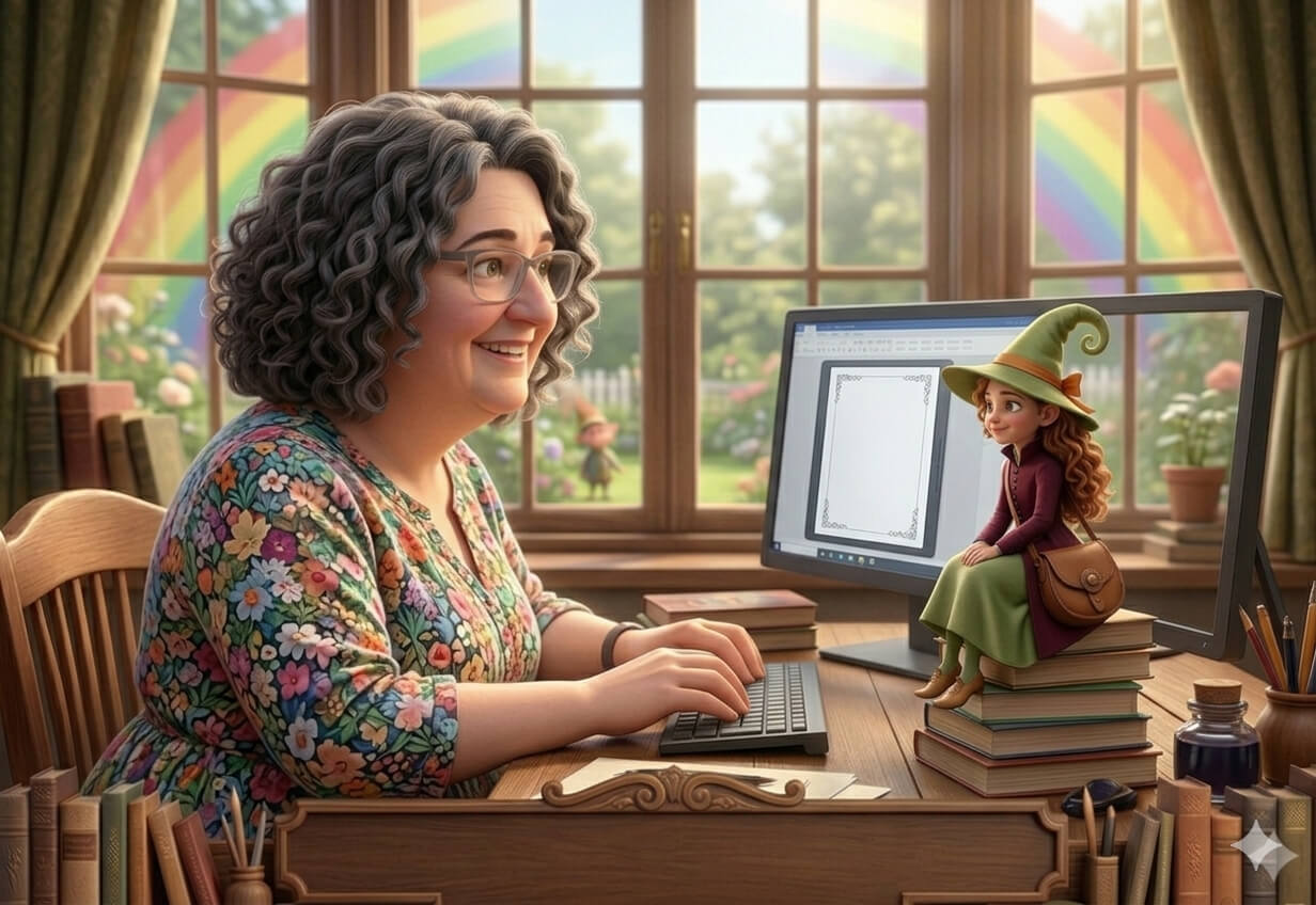 Hechlovszky Krisztina író egy asztalnál ír, amit Boni manó az asztal sarkán ülve figyel.