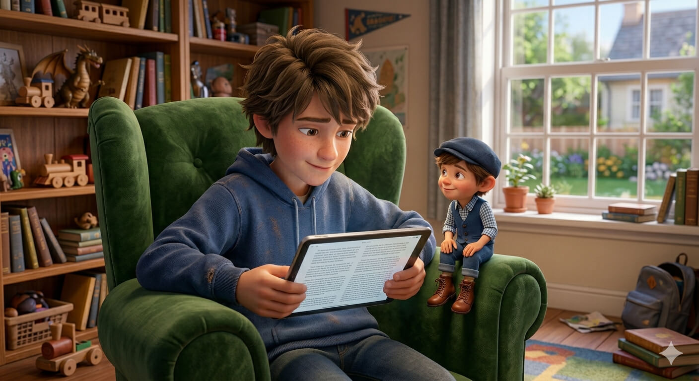 Egy fiú mutatja Momó manónak a tabletjén lévő írást.