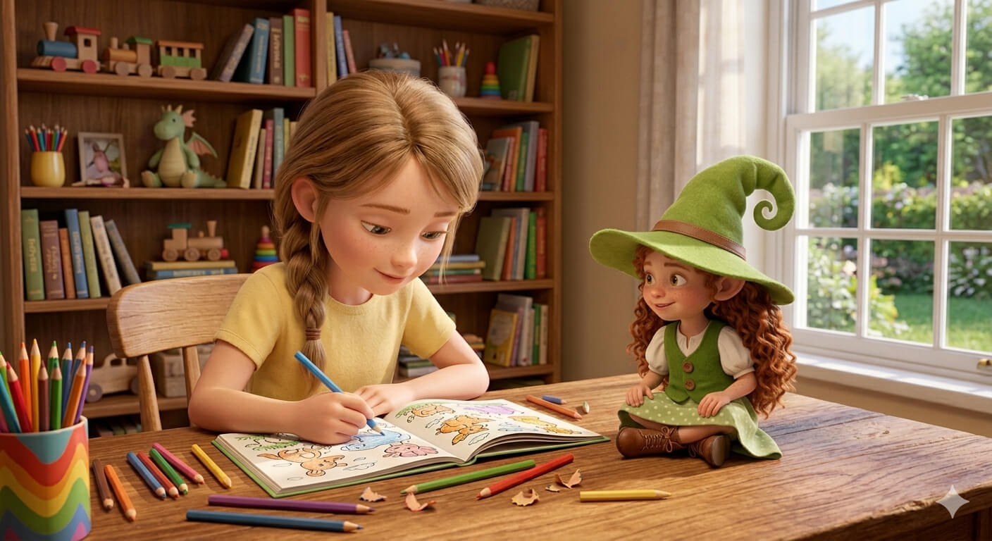 Egy kislány színez egy asztalnál, és Piri manó nézi