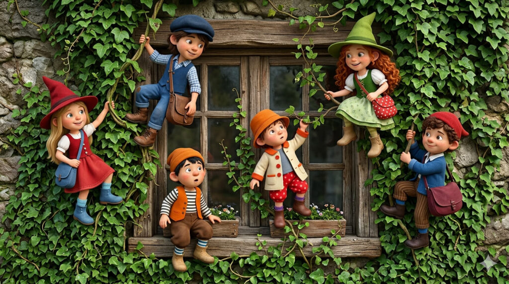 Momó manó és barátai egy ház falát beterítő boorostyánfalon csüngenek.