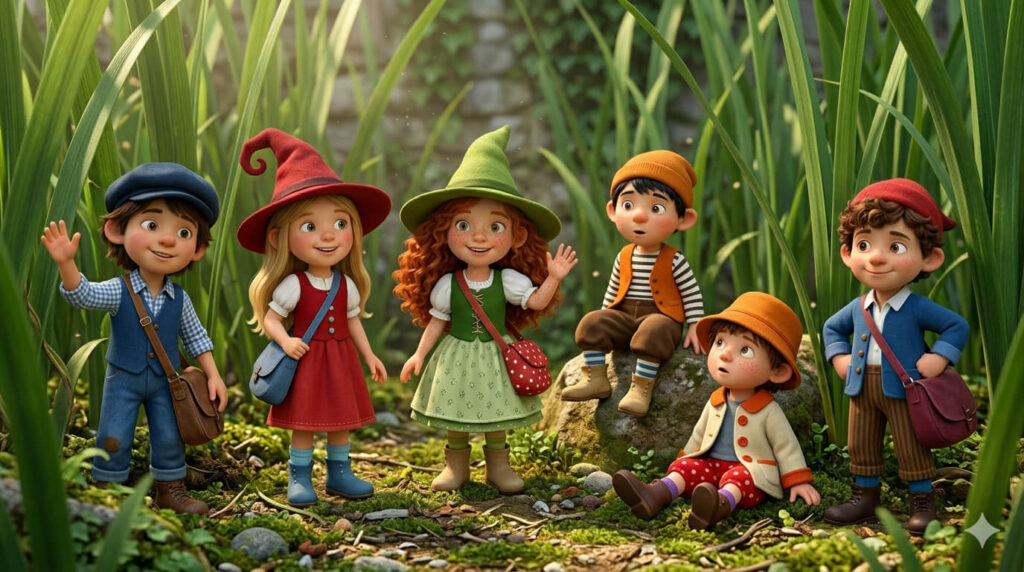 Momó és barátai magas fűben állva köszöntik a látogatókat.