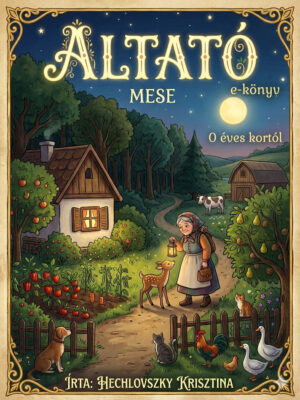 Altató mese E-könyv borítókép. Egy házikóval, kerttel, anyókával, őzikével, háziállatokkal.